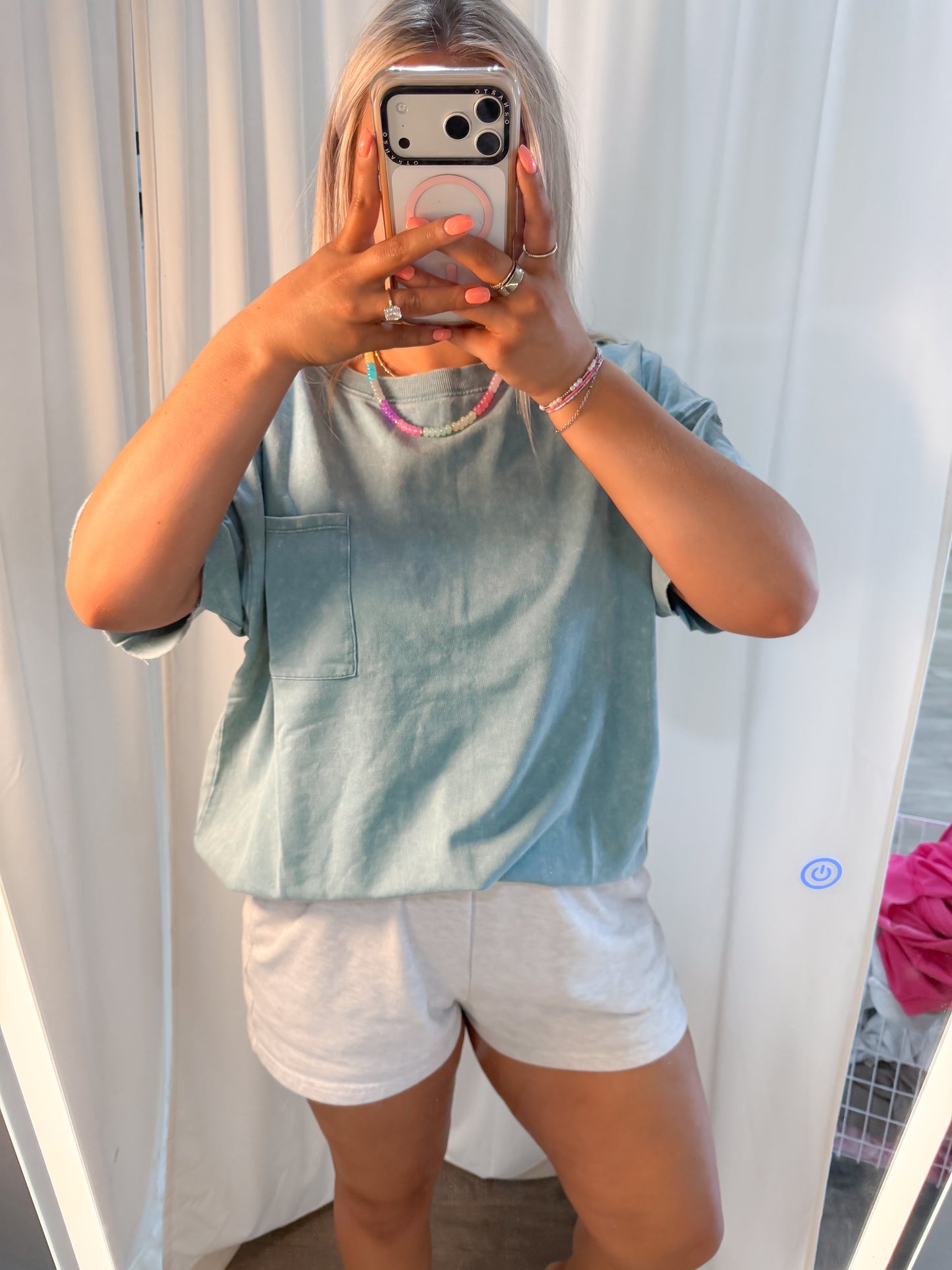 Terry Cloth Acid Wash Pocket Tee Teal