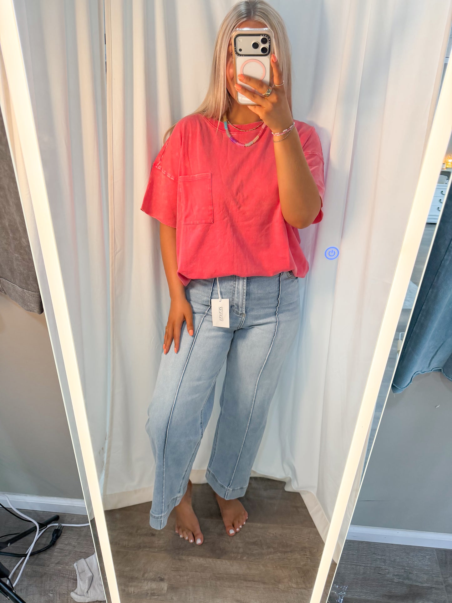 Terry Cloth Acid Wash Pocket Tee Fuchsia