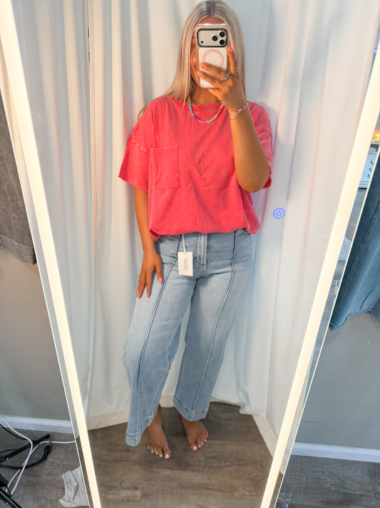 Terry Cloth Acid Wash Pocket Tee Fuchsia